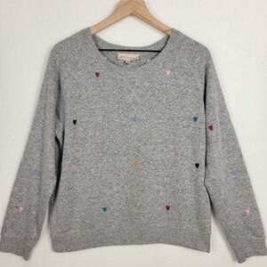 Philosophy Grey Heathered Knit Sweater Multi Embroidered Hearts Crewneck Size L